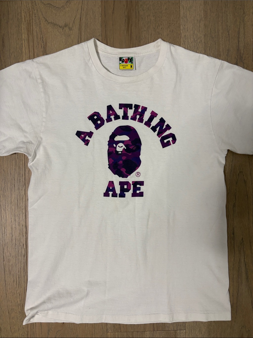 Bape White Tee with Purple Camo Ape Head